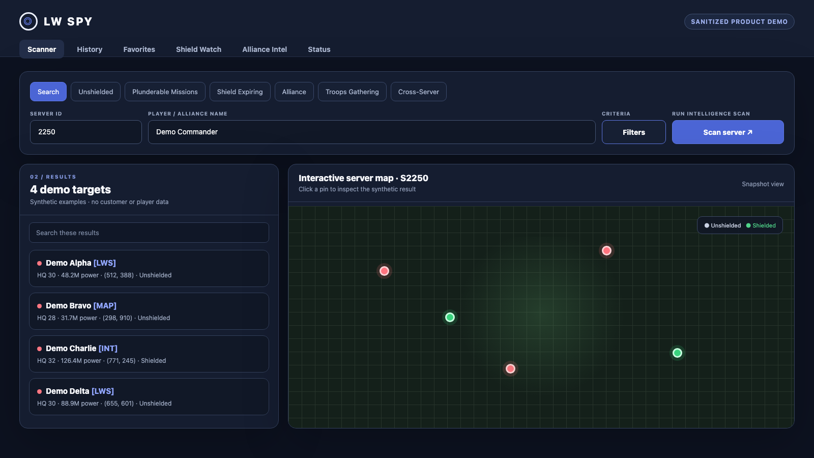 Sanitized LW Spy Last War scanner dashboard showing scan filters, synthetic player results, and an interactive server map